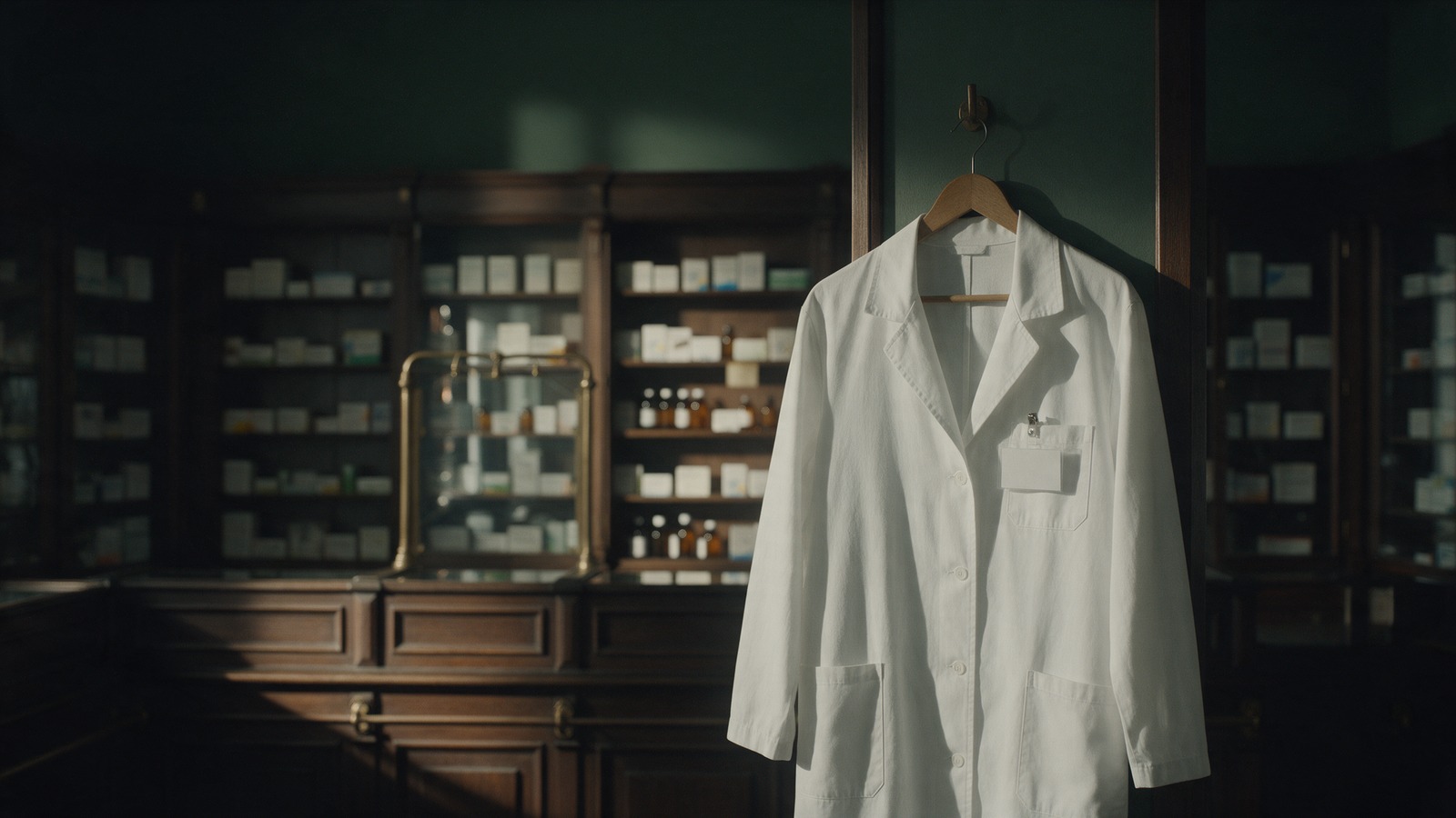 Farmaceutka w białym fartuchu w aptece — rękojmia po karze dyscyplinarnej