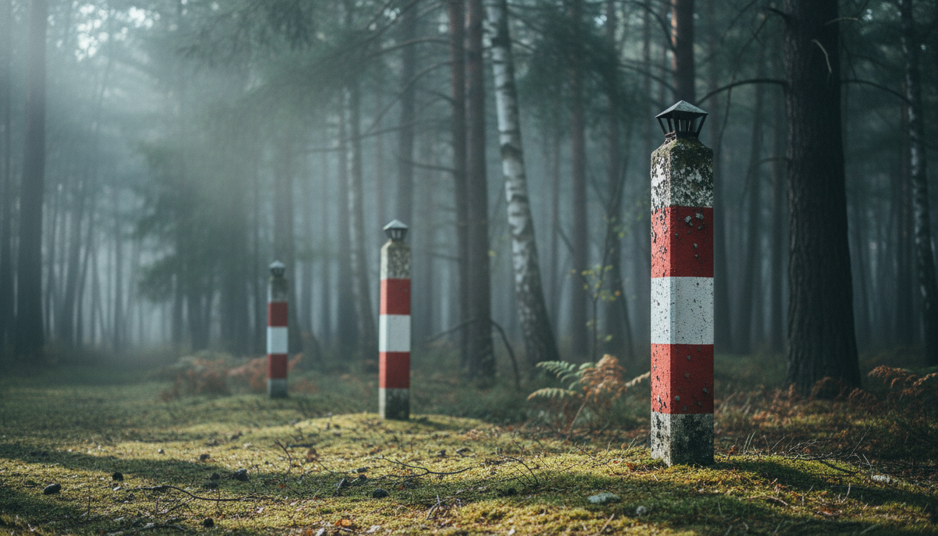 Trzy biało-czerwone słupy graniczne w porannej mgle leśnej — symbol sankcji dyscyplinarnych wobec funkcjonariusza Straży Granicznej.