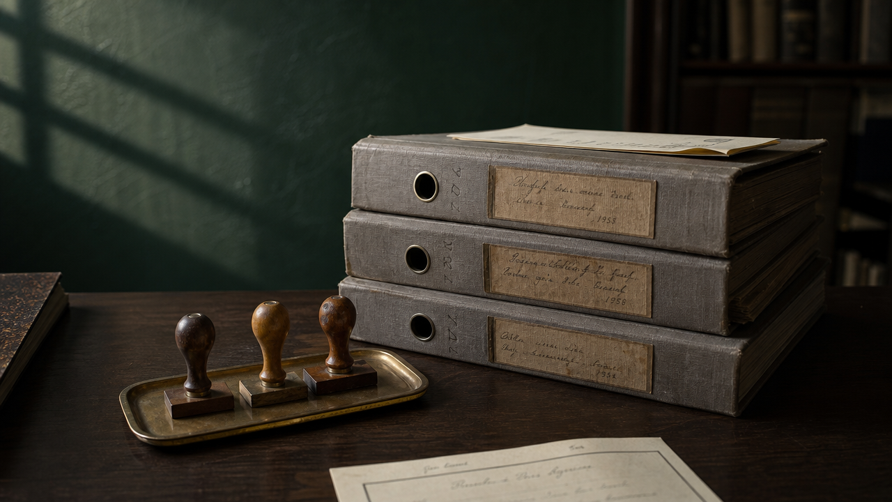 Stos szarych segregatorów obok drewnianych pieczęci na mosiężnej tacy — symbol kar porządkowych i dyscyplinarnych nakładanych na pracownika urzędu.