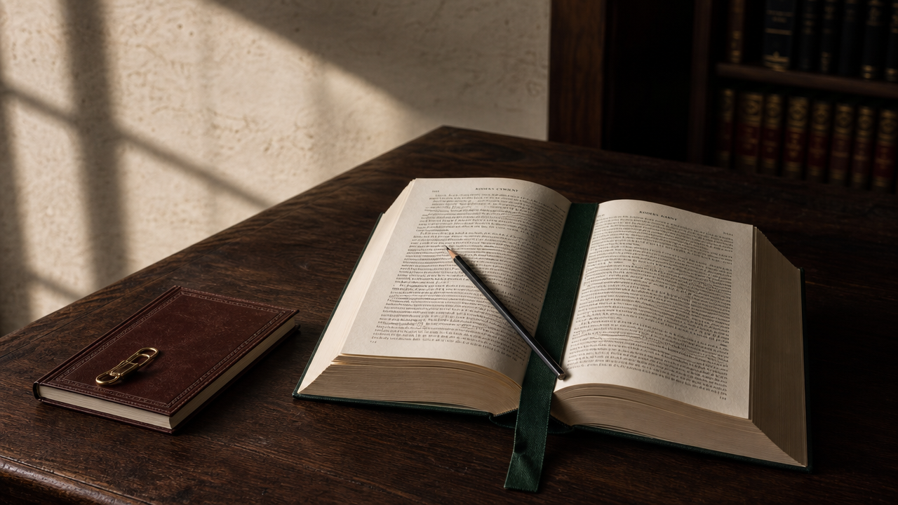 Otwarta księga prawnicza i zamknięty notes — symbol kar dyscyplinarnych wobec aplikanta