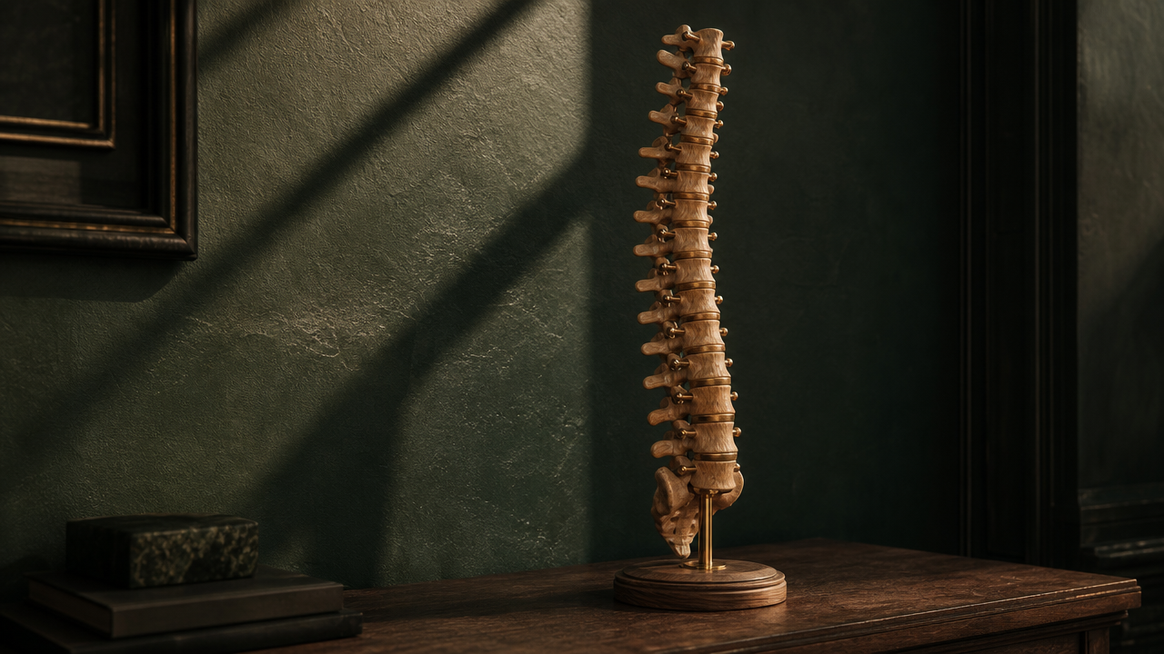 Anatomiczny model kręgosłupa w stonowanym świetle — symbol odpowiedzialności zawodowej.